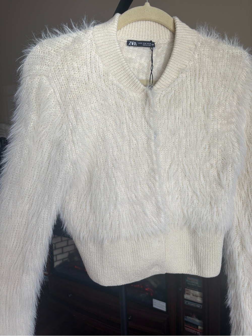 Zara Off-White Fuzzy Crew Neck Sweater